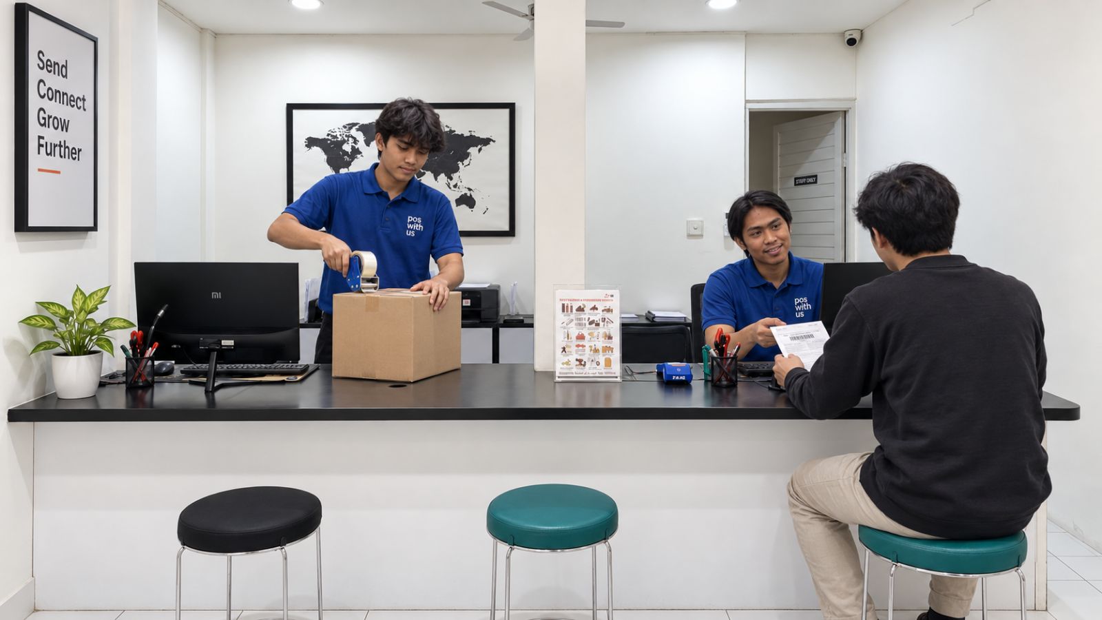 Two Pos With Us staff at the Kerobokan counter: one taping a parcel closed, the other going through paperwork with a customer